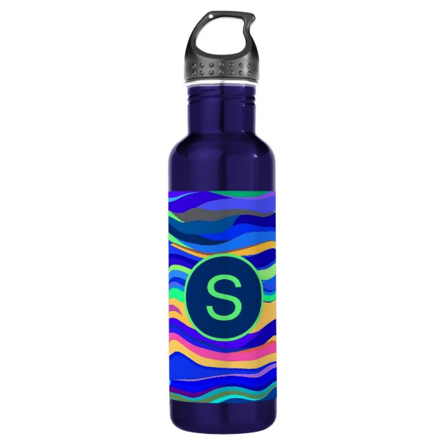 Cool Abstract Wavy Stripes Blue Monogrammed 710 Ml Water Bottle (Front)