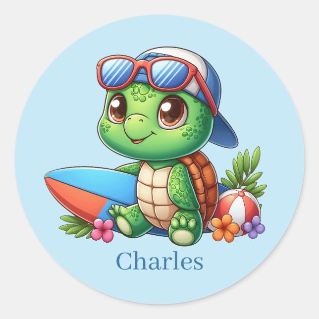 Cool add name surfing sea turtle  classic round sticker (Front)