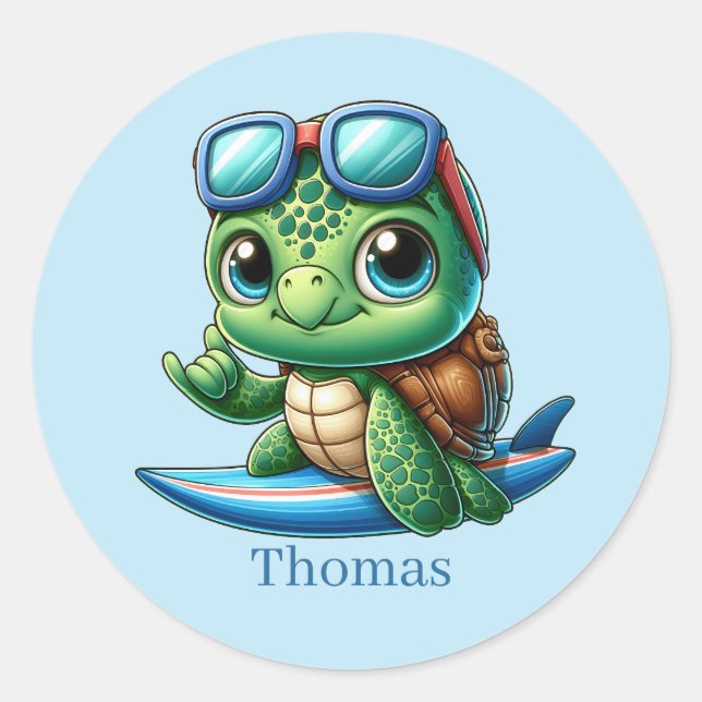Cool add name surfing sea turtle  classic round sticker (Front)