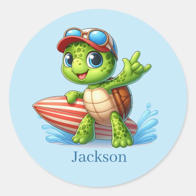Cool add name surfing sea turtle  classic round sticker (Front)