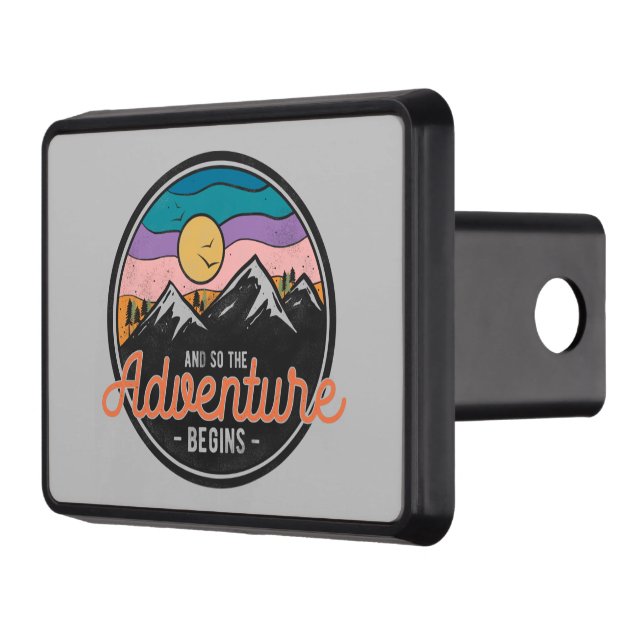 cool adventure begins word art mountain  trailer hitch cover (Left)