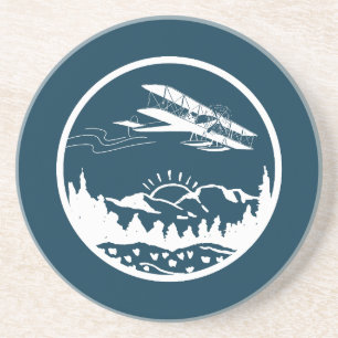 Cool Airplane Flying in Mountains, Blue & White Coaster