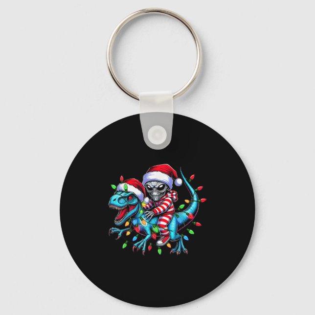 Cool Alien Riding T-rex Dinosaur Christmas Family  Keychain (Front)