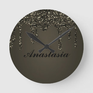 Cool, Amazing, Black Sparkly, whit your name Round Clock