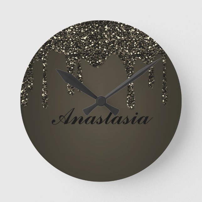 Cool, Amazing, Black Sparkly, whit your name  Round Clock (Front)