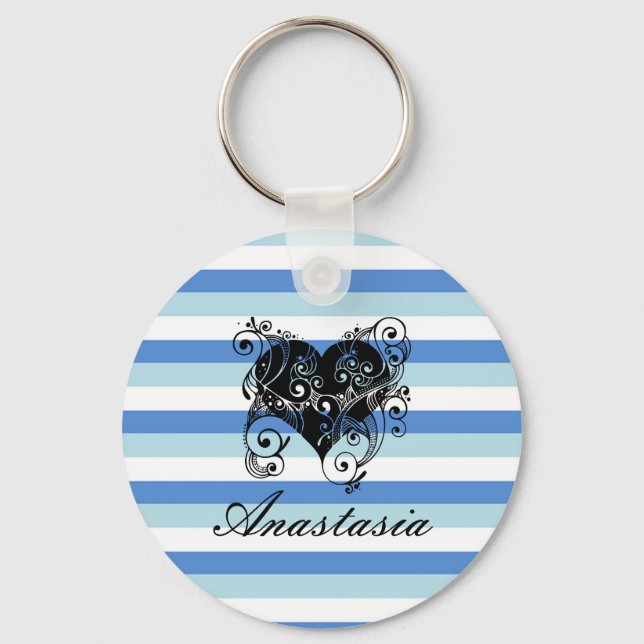 Cool, Amazing, Blue Stripes whit heart  Keychain (Front)