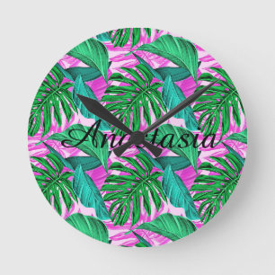 Cool, Amazing, fluorescent tropical palm  Round Clock