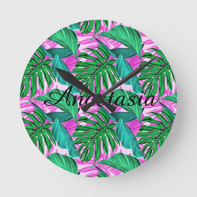 Cool, Amazing, fluorescent tropical palm  Round Clock (Front)