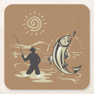Cool and Colorful Catching a Fish in Summer Square Paper Coaster