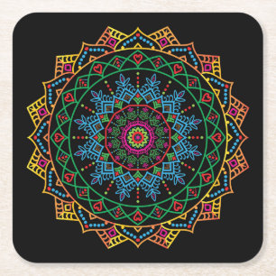 Cool and Colorful Floral Mandala Pattern Square Paper Coaster