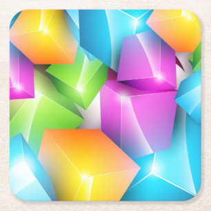 Cool and Colorful Group of 3-D Cubes Square Paper Coaster