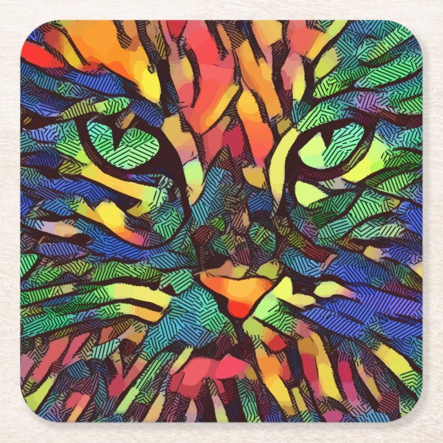 Cool and Colourful Abstract Cat Square Paper Coaster (Front)