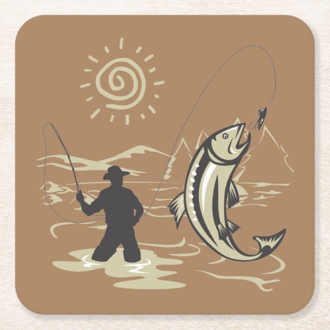 Cool and Colourful Catching a Fish in Summer Square Paper Coaster (Front)