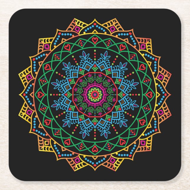 Cool and Colourful Floral Mandala Pattern Square Paper Coaster (Front)