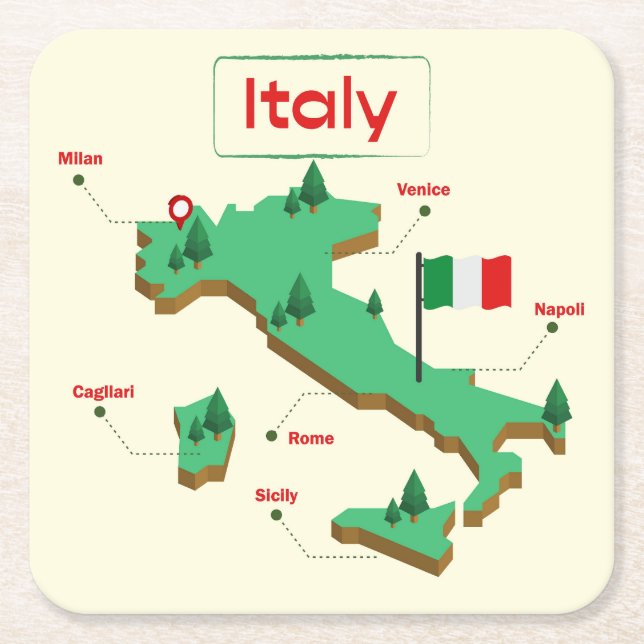 Cool and Colourful Italy Map Square Paper Coaster (Front)