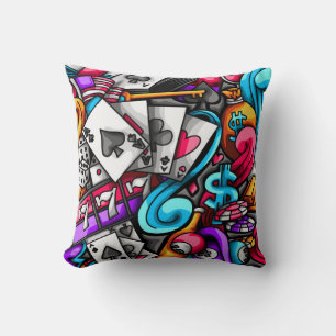 Cool and Colourful Las Vegas Casino Gambling Doodl Throw Pillow