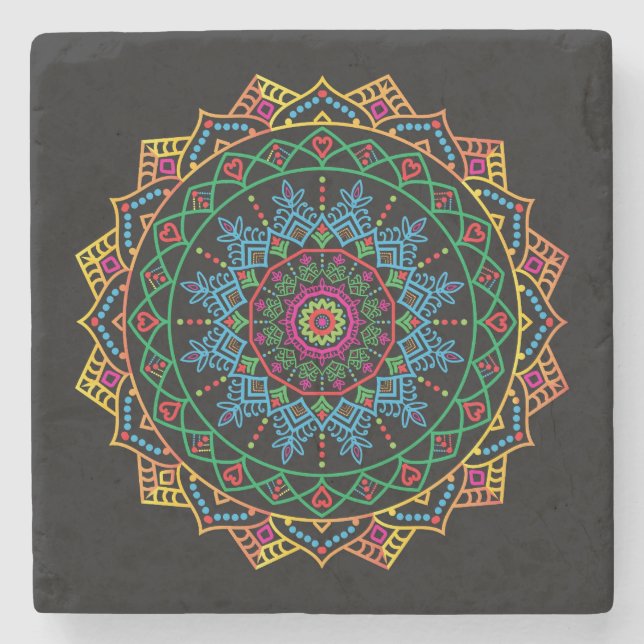 Cool and Colourful Mandala Floral Pattern Stone Coaster (Front)