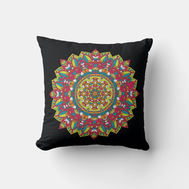 Cool and Colourful Mandala Floral Pattern Throw Pillow (Front)