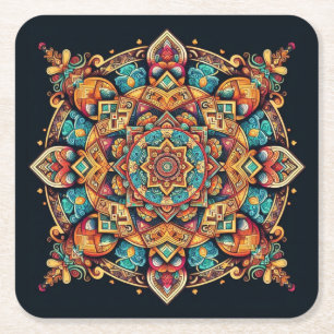Cool and Colourful Mandala Pattern Square Paper Coaster