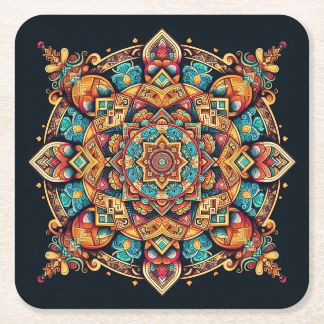 Cool and Colourful Mandala Pattern Square Paper Coaster (Front)