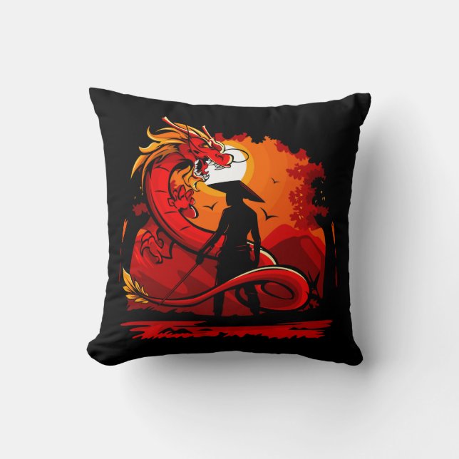 Cool and Colourful Samurai Warrior with Dragon Throw Pillow (Front)