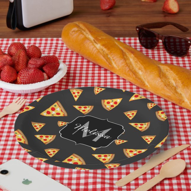 Cool and fun pizza slices pattern Monogram Paper Plate (Picnic)
