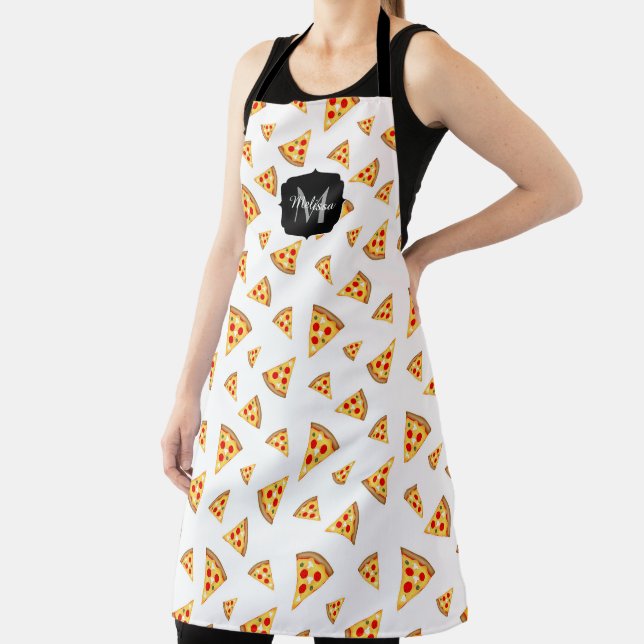Cool and fun pizza slices pattern Monogram white Apron (Insitu)