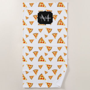 Cool and fun pizza slices pattern Monogram white Beach Towel