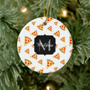 Cool and fun pizza slices pattern Monogram white Ceramic Ornament