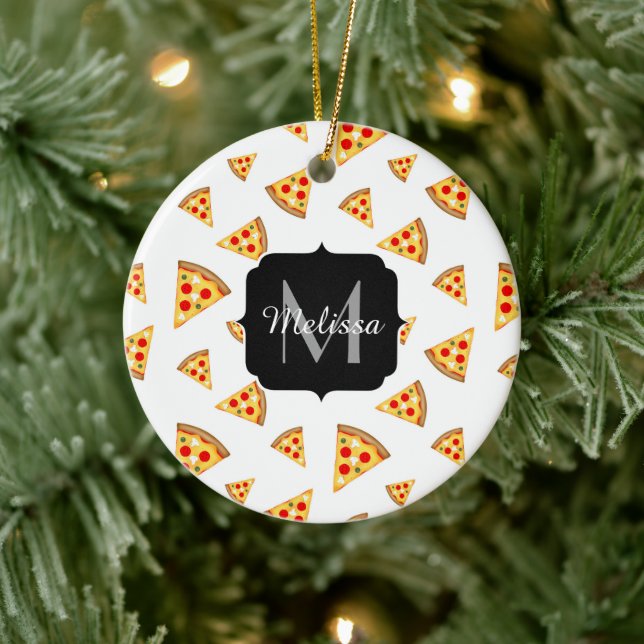 Cool and fun pizza slices pattern Monogram white Ceramic Ornament (Tree)