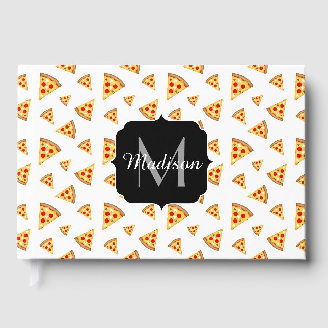 Cool and fun pizza slices pattern Monogram white Guest Book (Front)