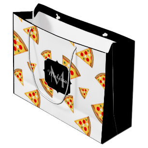 Cool and fun pizza slices pattern Monogram white Large Gift Bag