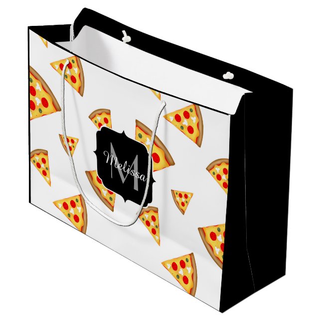 Cool and fun pizza slices pattern Monogram white Large Gift Bag (Front Angled)