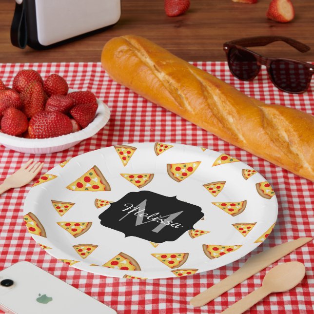 Cool and fun pizza slices pattern Monogram white Paper Plate (Picnic)