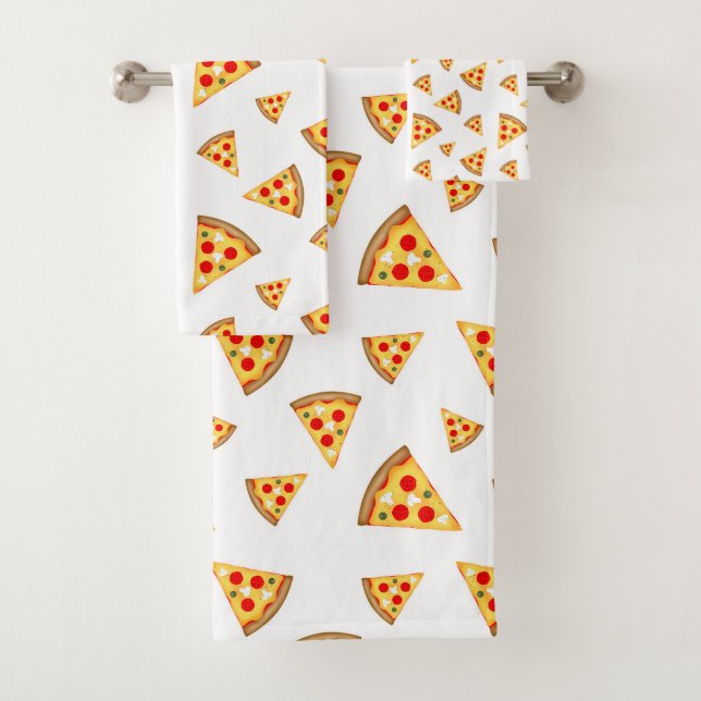 Cool and fun pizza slices pattern on white bath towel set (Insitu)