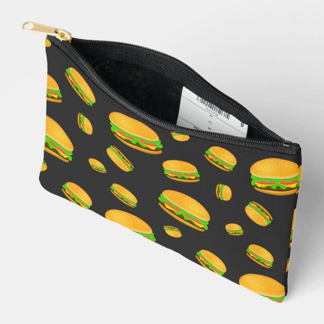 Cool and fun yummy burger pattern dark grey accessory pouch (Open)