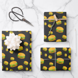 Cool and fun yummy burger pattern dark grey wrapping paper sheet