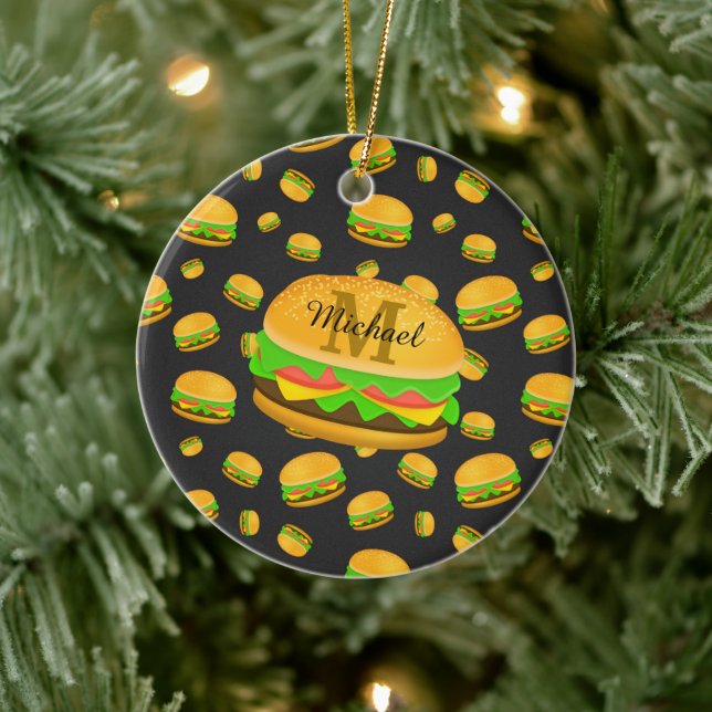 Cool and fun yummy burger pattern Monogram Ceramic Ornament (Tree)