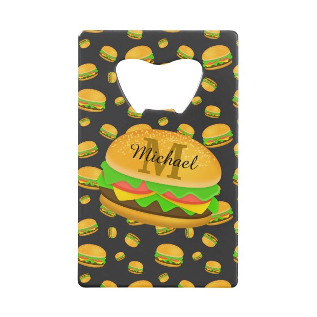 Cool and fun yummy burger pattern Monogram Credit Card Bottle Opener (Front)