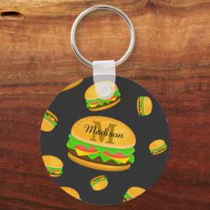 Cool and fun yummy burger pattern Monogram Keychain