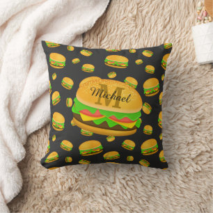 Cool and fun yummy burger pattern Monogram Throw Pillow