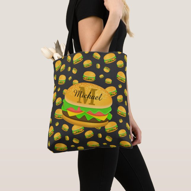 Cool and fun yummy burger pattern Monogram Tote Bag (Close Up)