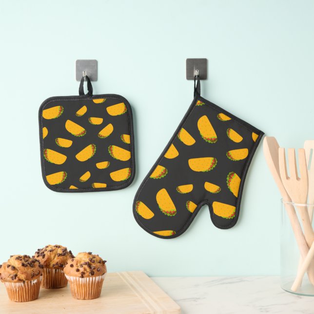 Cool and fun yummy taco pattern dark grey oven mitt & pot holder set (Insitu(Hanging))
