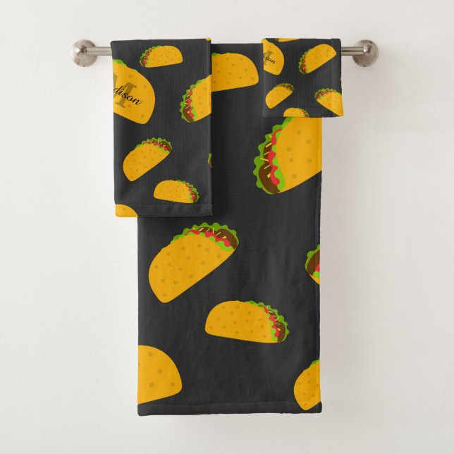 Cool and fun yummy taco pattern Monogram Bath Towel Set (Insitu)