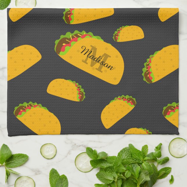 Cool and fun yummy taco pattern Monogram Kitchen Towel (Folded)