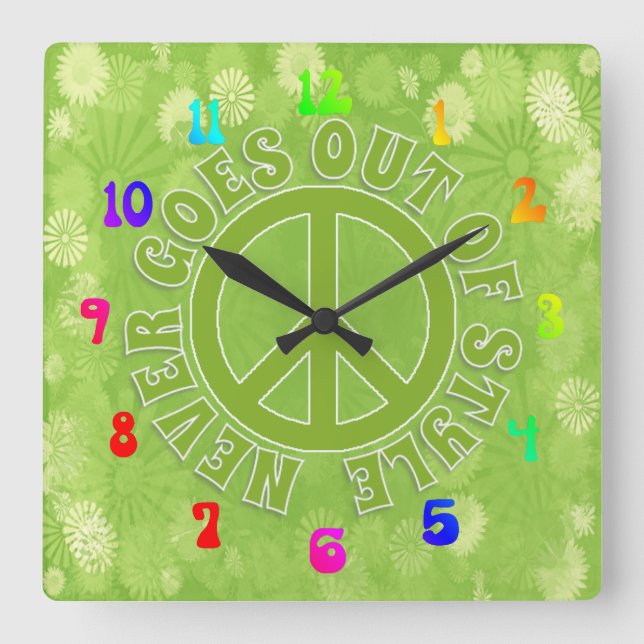 Cool and Groovy Peace Never Goes out Of Style Square Wall Clock (Front)