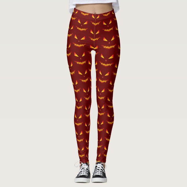 Cool and scary Jack OLantern face Halloween red Leggings (Front)
