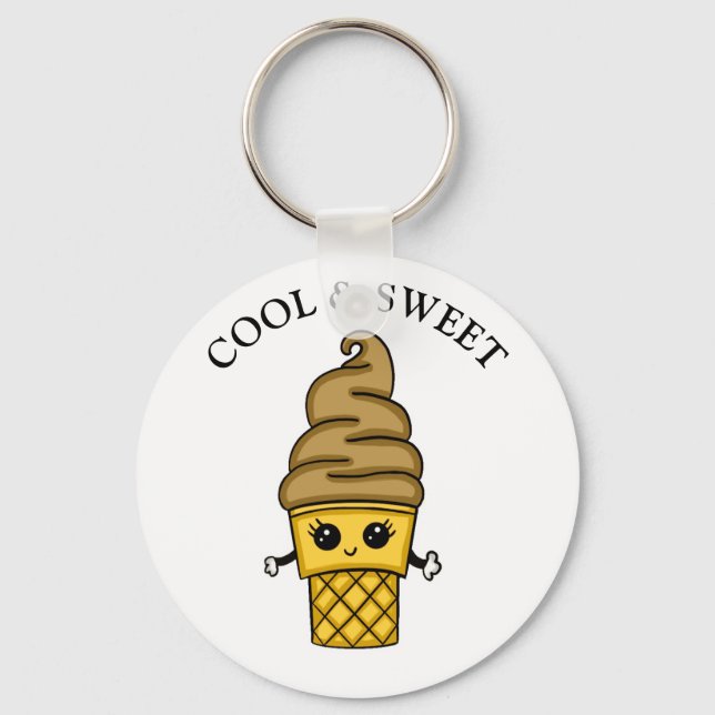 Cool and Sweet Chocolate Ice Cream Cone Food Pun Keychain (Front)