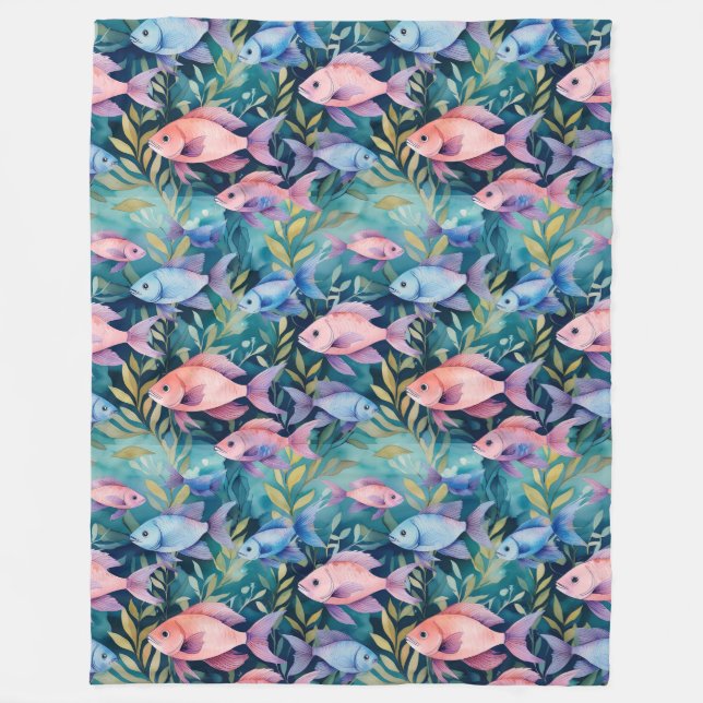 Cool Animal Watercolor Pattern - Fish 3 Fleece Blanket (Front)