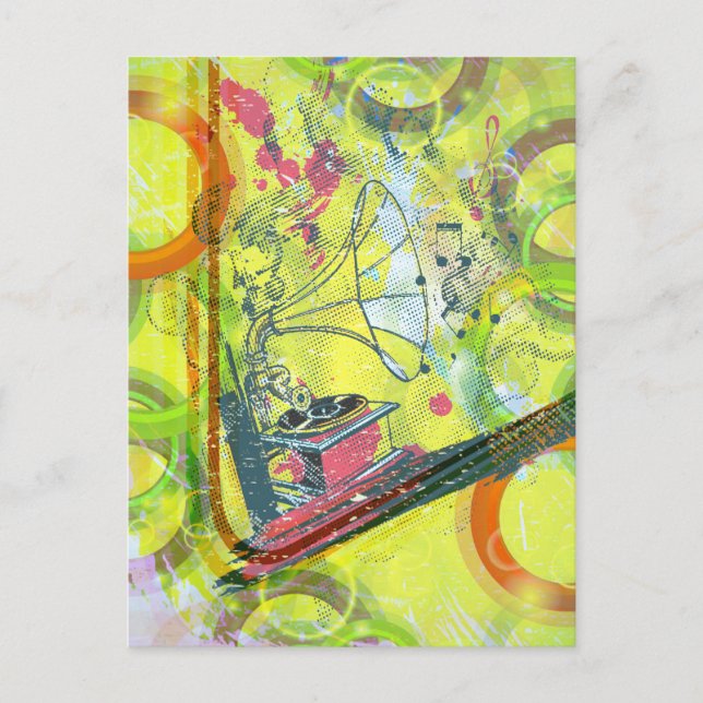 Cool Antique music player music notes colourful Postcard (Front)